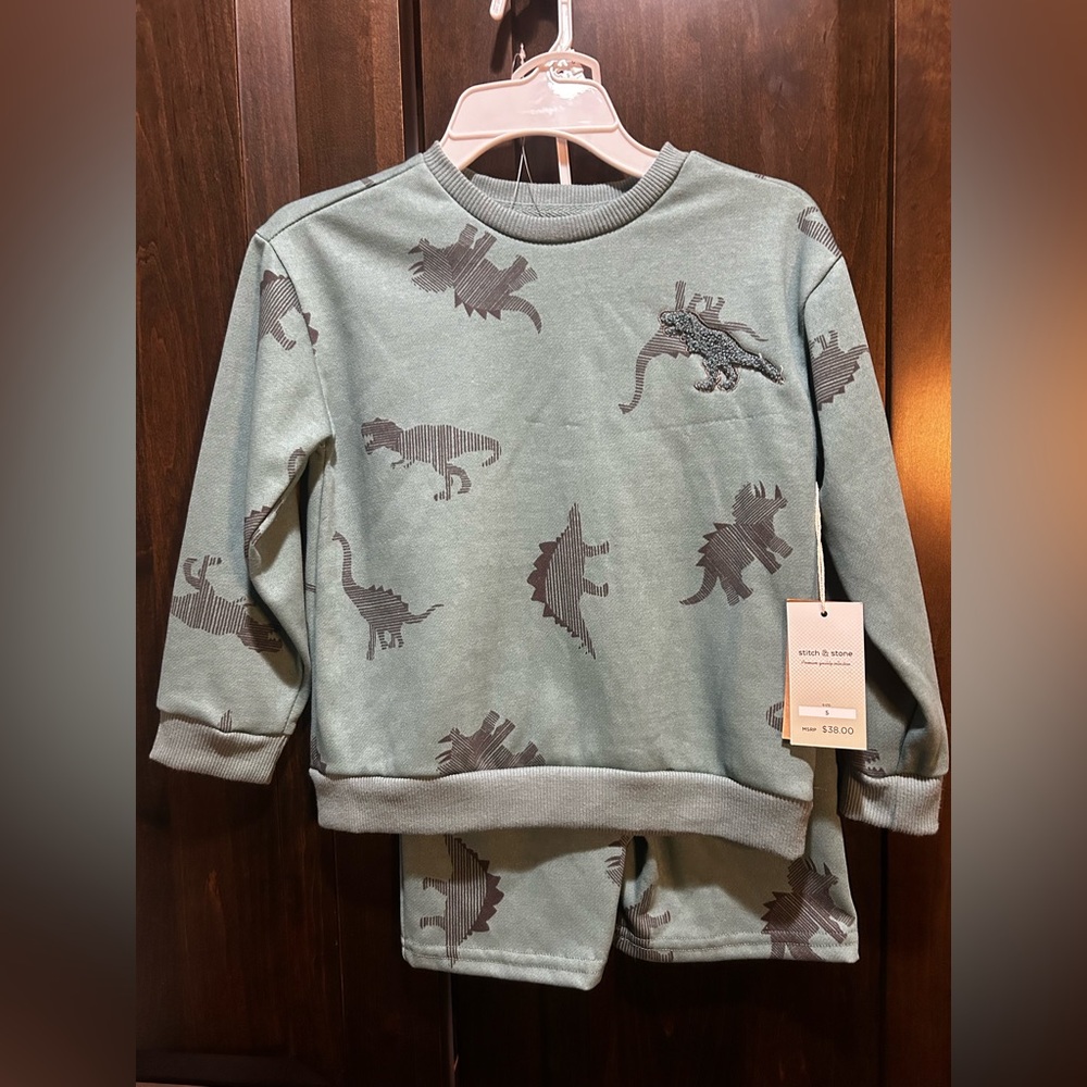 Kids Dinosaur Sweatshirt and Shorts Matching Set - Green
